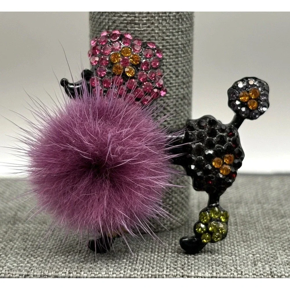 Rhinestone Poodle Dog Pom Pom Brooch Pin Pink Yellow Black Japanned Metal